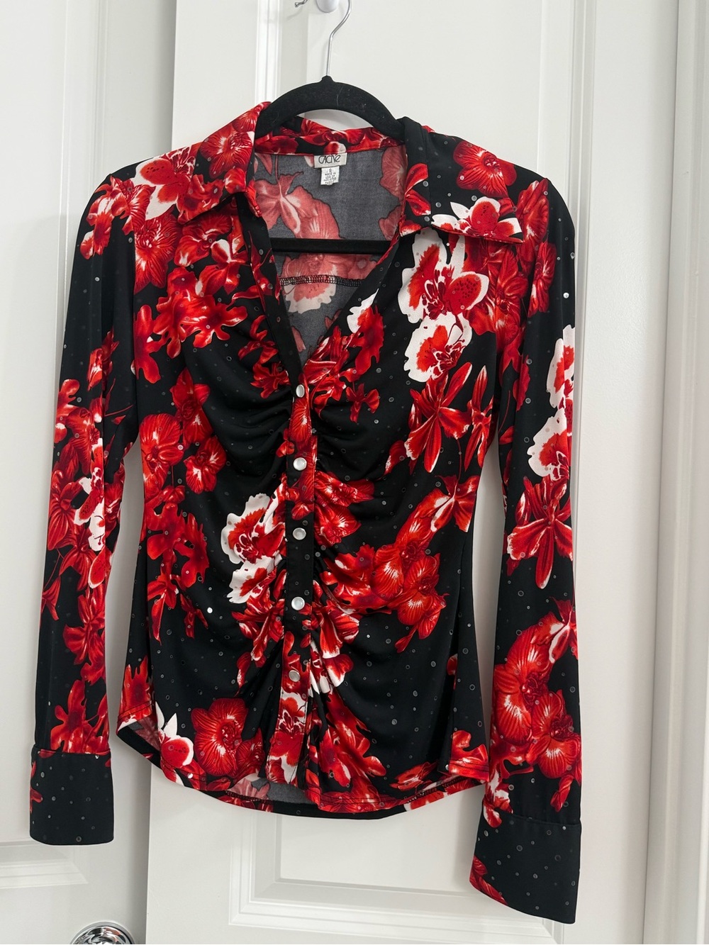 Cache Y2K Snap Button-Front Floral Blouse Ruched Playful Bling Retro Chic Small